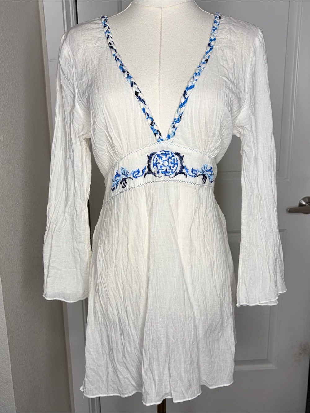 White Blue Cotton Embroidery V Neck Blouse Bell Sleeve retro boho hippie